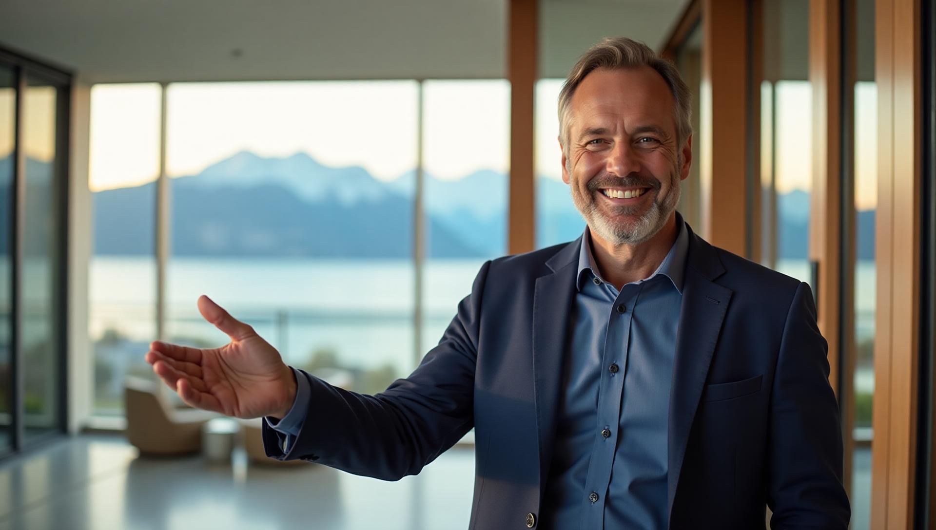 Recruteur suisse professionnel accueillant dans un bureau moderne avec vue sur les Alpes